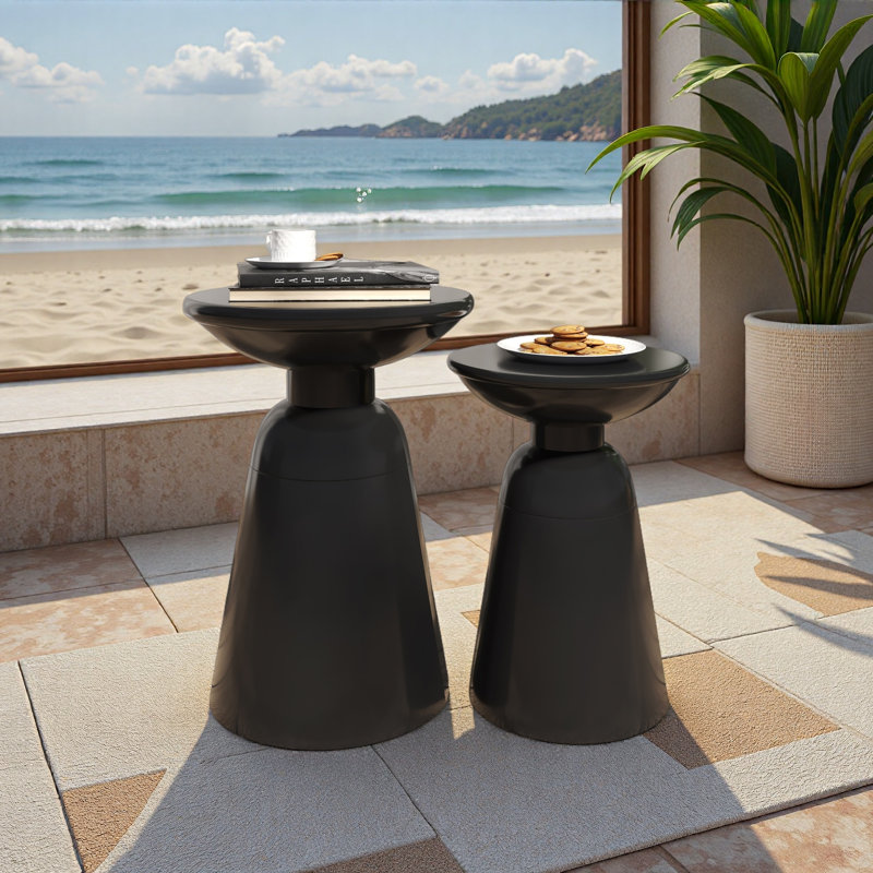 Outdoor Iron Side Tables With Flared Design, Set Of 2, Black