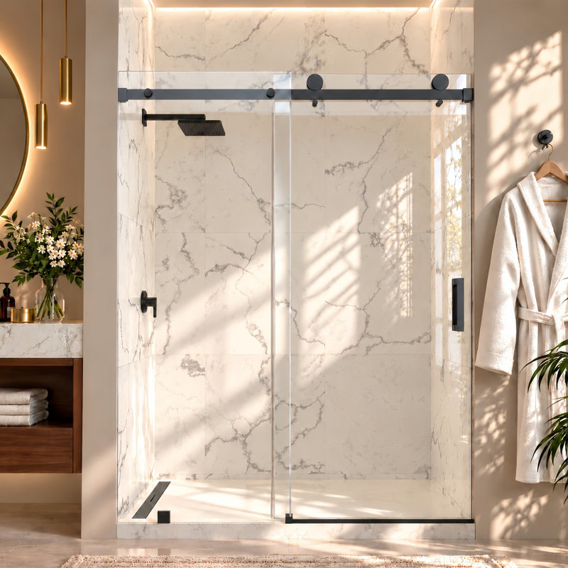 Porte de douche coulissante simple sans cadre avec verre transparent 3/8 po Serenity l 56 po x H 79 po, Noir mat