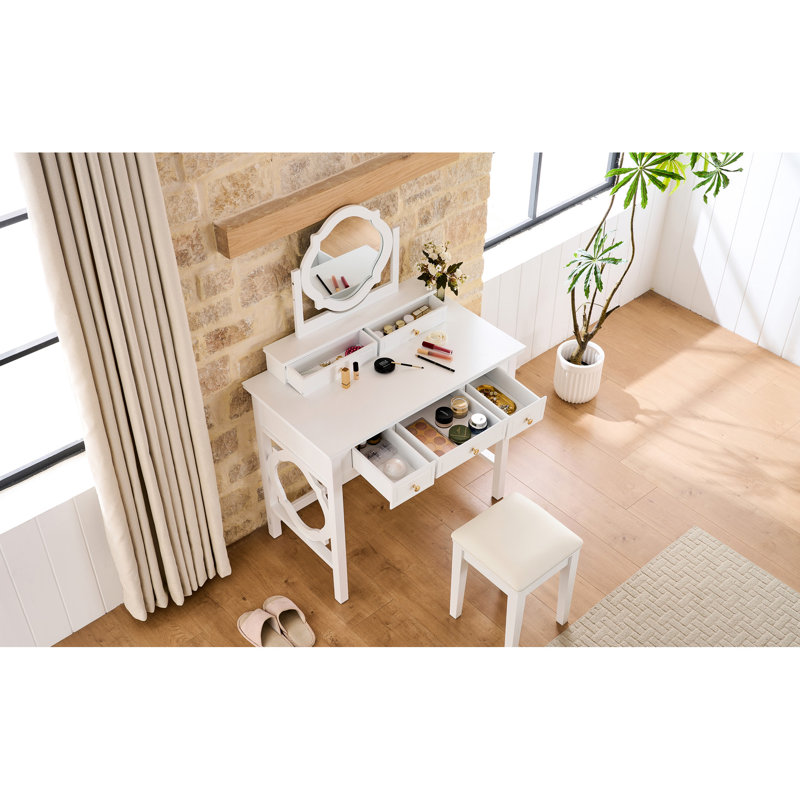 Coiffeuse de maquillage blanche avec miroir réversible, moulure élégante sur le miroir et les pieds, 5 tiroirs pour le rangement organisé, accessoires de tabouret,