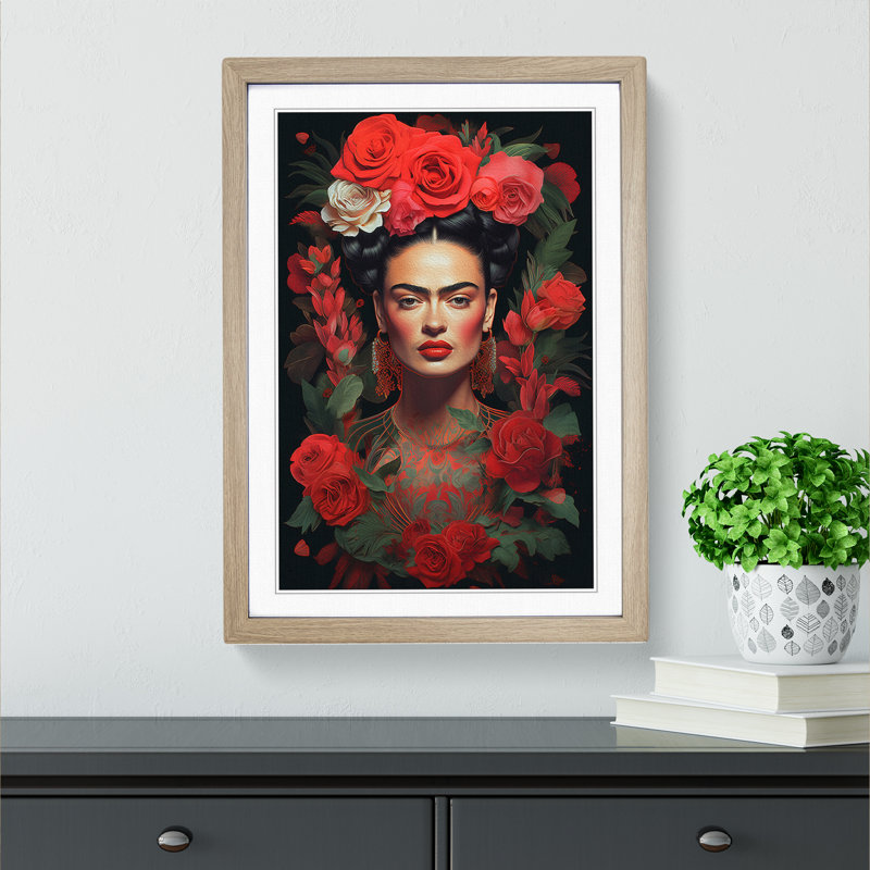 Frida Kahlo Digital - Single Picture Frame Print on Wood, 34cm H x 25cm W, Oak Framed