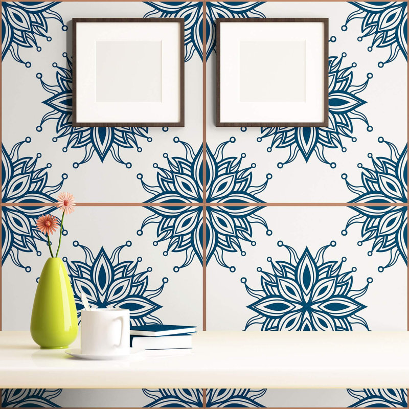 Blue Floral Tile Adhesive Peel And Stick Removable Wallpaper 030I, 126" L x 24" W