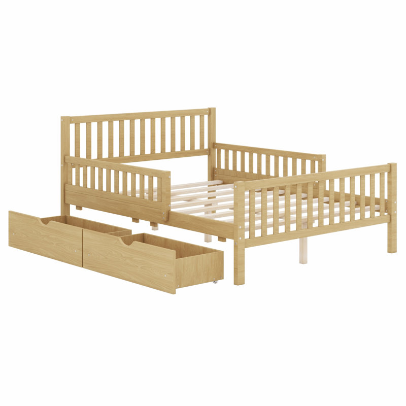 Base de lit plateforme en bois robuste avec garde-corps doubles et 2 tiroirs de rangement, Lit double