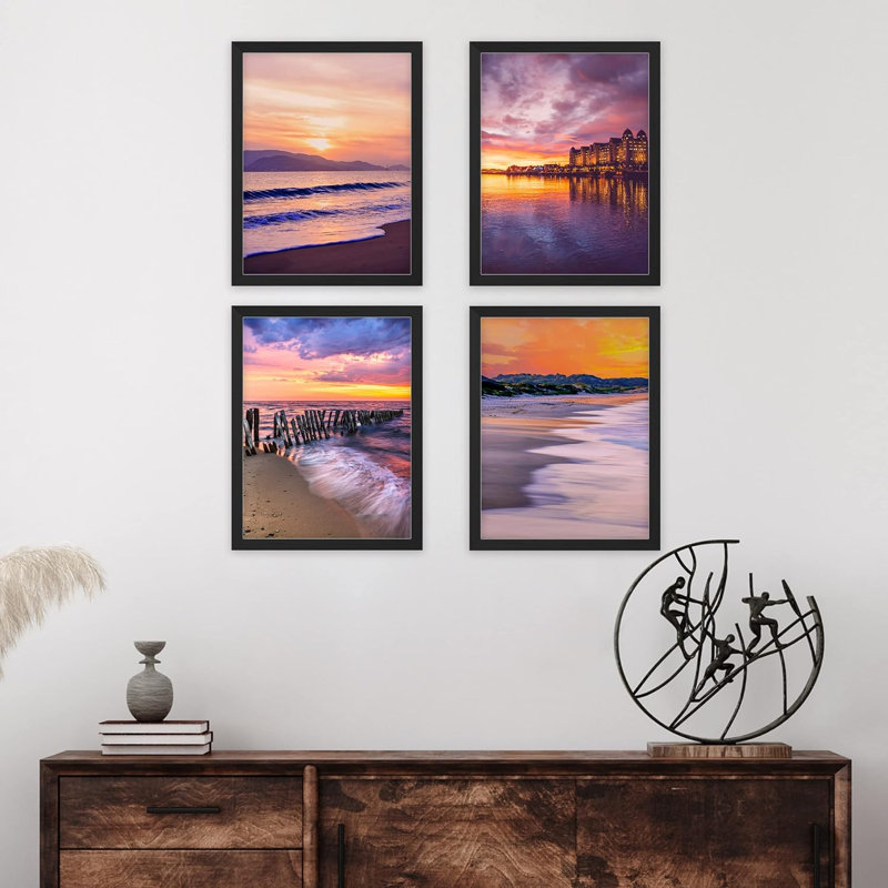 «Purple & Orange Beach Shore Tropical Sunset», impression sur papier 4 pièces, H 10 po x l 8 po x P 1 po, Brun