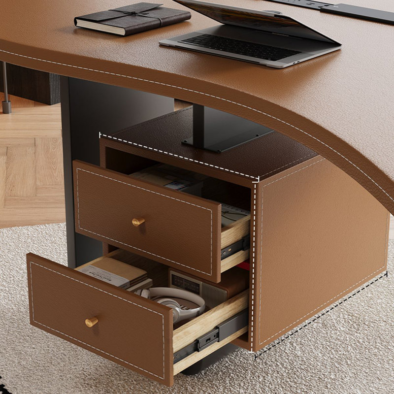 Bureau à 2 tiroirs brun noisette + bois massif noir + fer + acrylique + Barenia, H 29,53 po x l 62,99 po x P 30,31 po