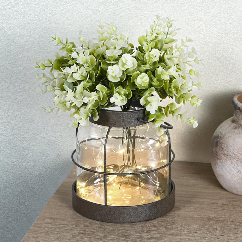 Vase de maison de campagne avec lumières DEL et fleurs artificielles - Pot de fleurs rustique fait à la main