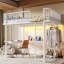 Lit mezzanine double avec bureau en L, bande lumineuse à DEL et station de charge, structure en métal avec plateau d'ordinateur et zone de suspension, conception de tuyau rond spécial, blanc-1103766816-1103766829
