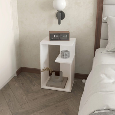 White Side Table in Melamine with Open Storage