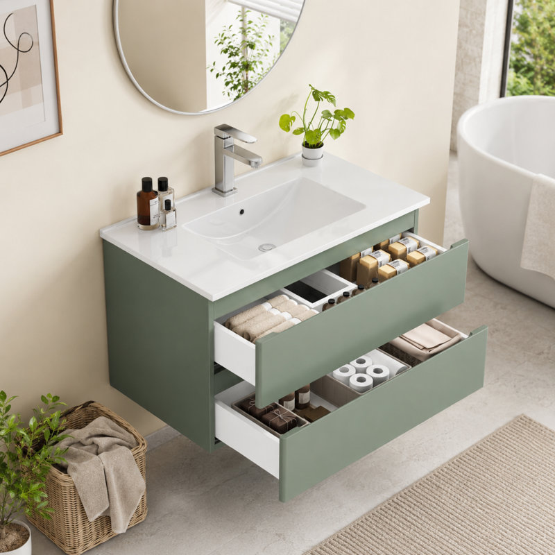 Meuble-lavabo mural flottant simple 32 po avec lavabo vert