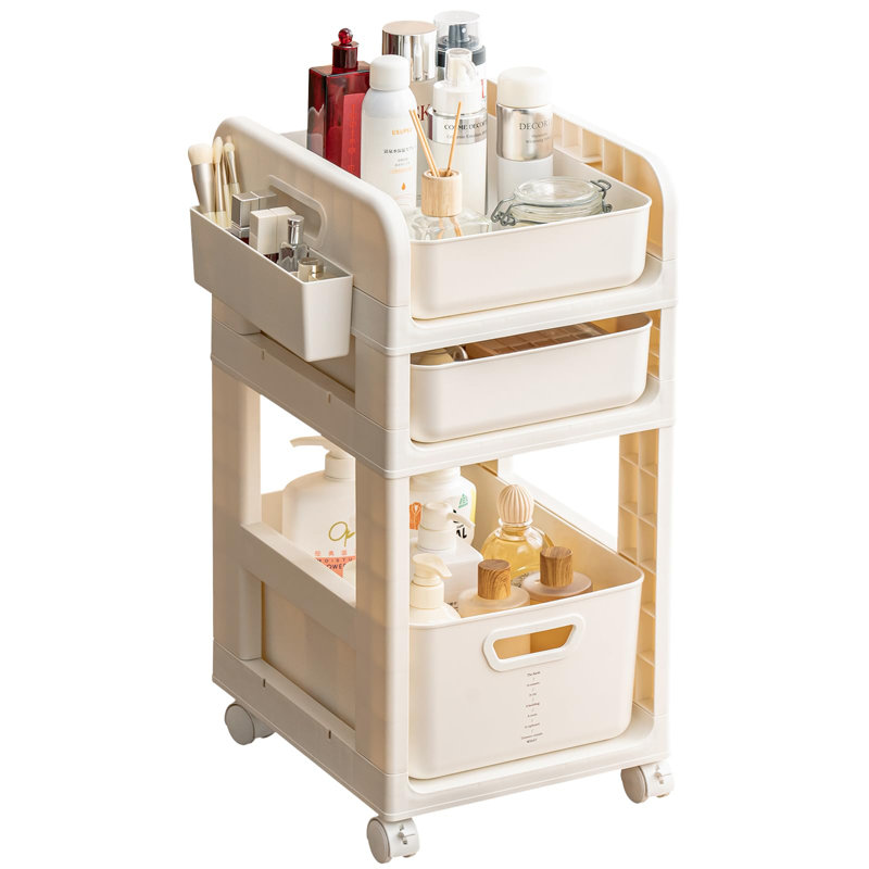 Chariot de maquillage à roulettes avec tiroir amovible, chariot de rangement pour la toilette de sol, meuble de maquillage, beauté, salle de bain, 3 niveaux, (blanc)