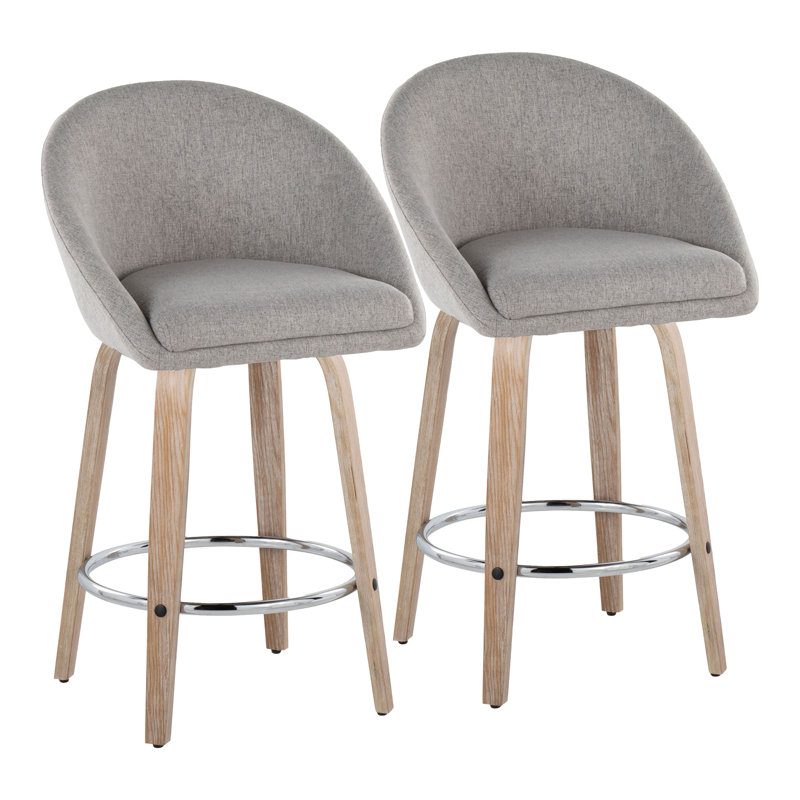 Matisse Highback Fixed-Height Bar Stool With Bent Wood Legs & Round Footrest - Set Of 2, White Washed/Chrome, Gray