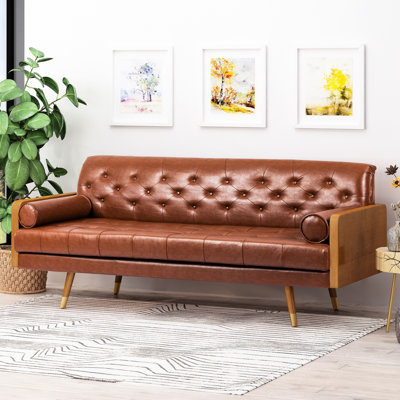 Siège de style Mid-Century moderne avec assise et dossier brun, l 73,9 po x P 30,5 po, H 31,64 po, revêtement en polyuréthane, coussins décoratifs, assise aux pieds dorés évasés, siège à surpiqûres gaufrées
