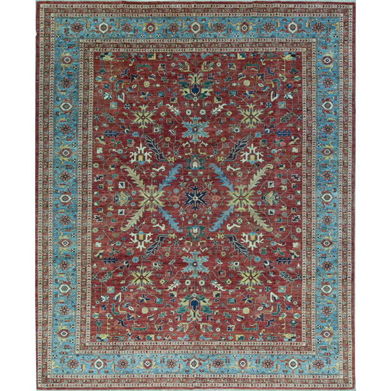 Tapis bleu et rouge noué à la main de haute qualité