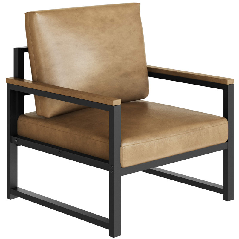 25" Wide Mid Century Faux Leather Tufted Back Accent Chair with Metal Farme, Light Brown