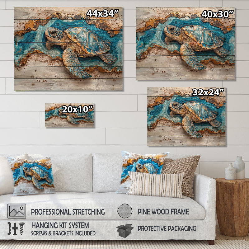 Tortue sur la plage, collage de paysage - Art animalier sur bois de pin naturel, H 24 po x l 32 po x P 0,78 po