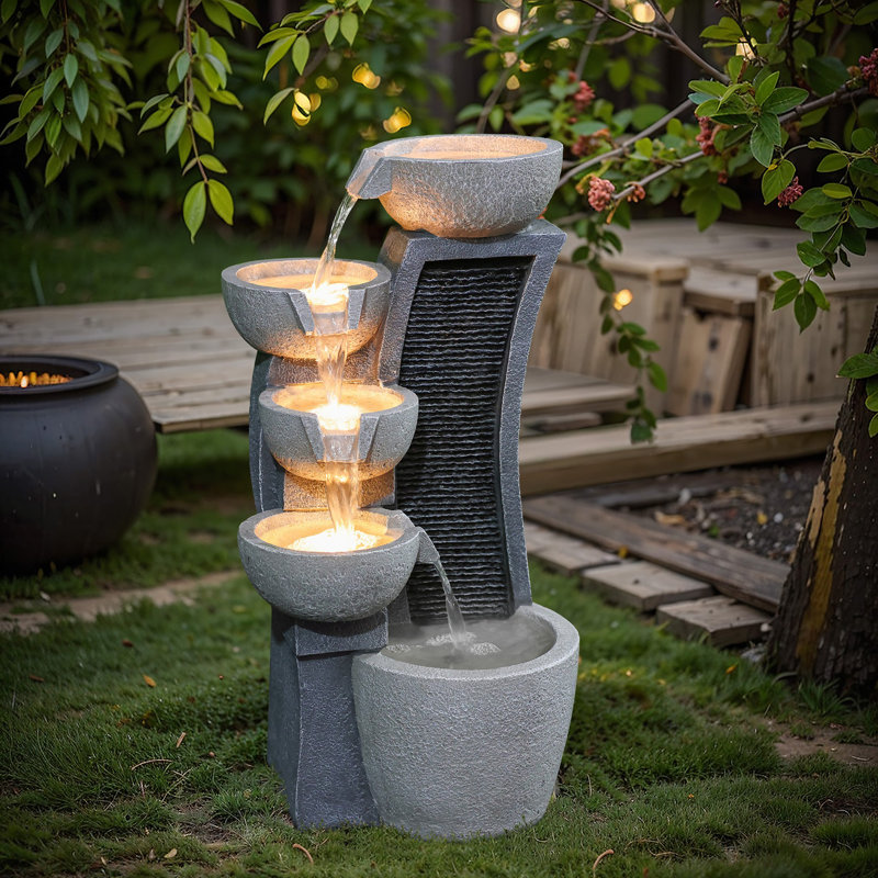 26.2'' H Cascading Bowl Outdoor Water Fountain with LED Light, Resin Garden Waterfall Fountain