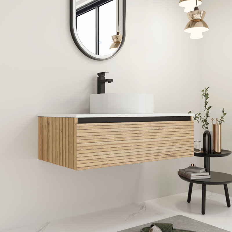 Meuble-lavabo de 36 po avec lavabo en céramique Art White, tiroir à fermeture en douceur, rayures uniques au milieu de l'été, mouvement de tiroir fluide, meuble-lavabo en matériau, 1 look contemporain, extension aux 2 tiers facile à nettoyer