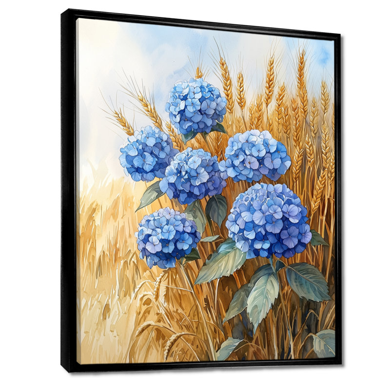 "Hortensias de campagne dans le champ de blé" IV - Hydrangea, art mural encadré, Noir, Impression encadrée flottante