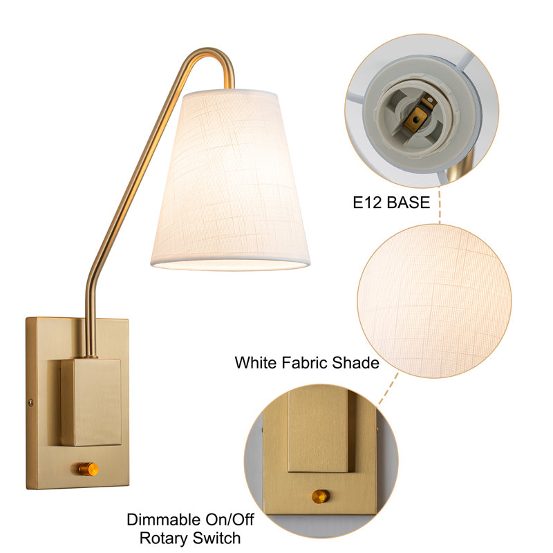 Aileth 1-Light Dimmable Cotton-Linen Fabric Armed Wall Sconces (Set of 2), Gold
