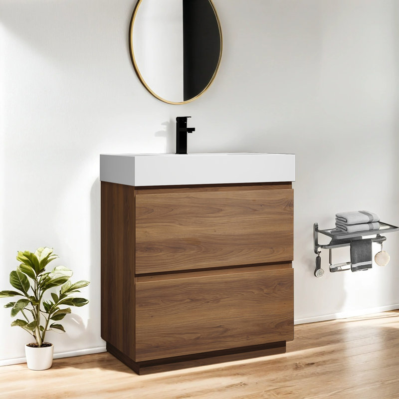 Lavabo de salle de bain 30 po en résine avec double tiroir, Brun