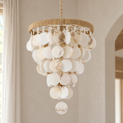 24 in. Distressed Gold 10-Light Boho Alabaster Chandelier Dining Kitchen Island Lights