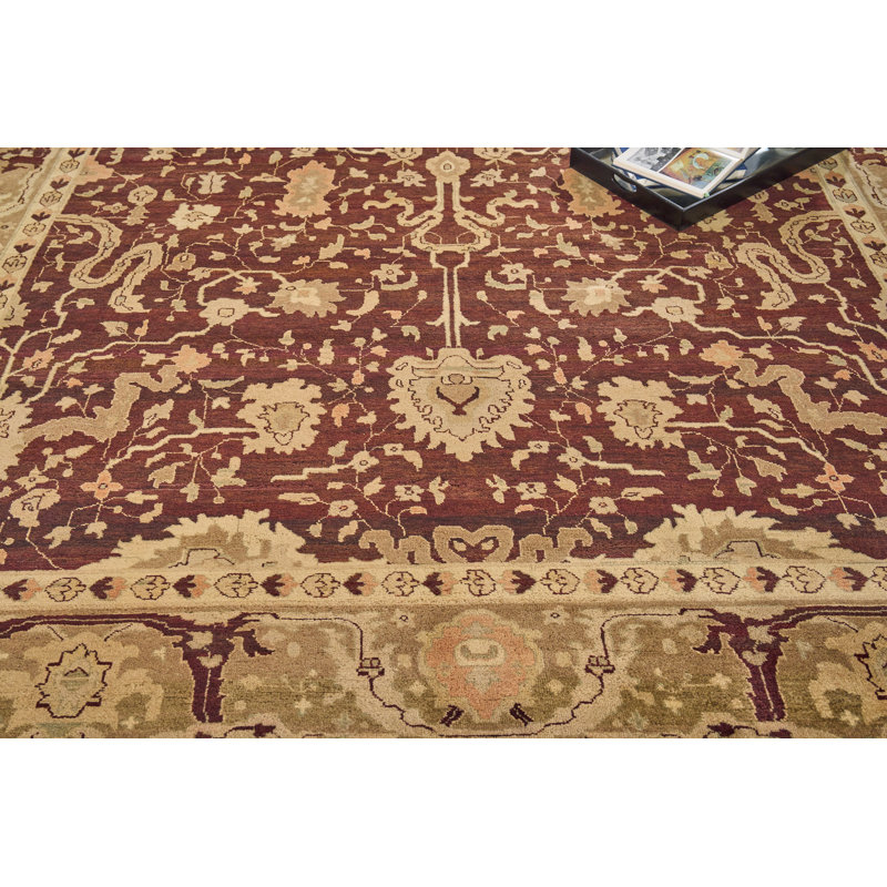 Hand-Knotted Red Floral Wool 10'6" x 14'6" Area Rug