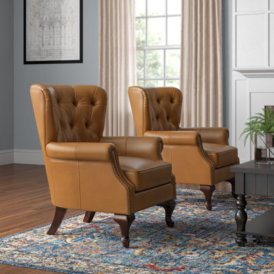 Ansumana 31.5" W Genuine Leather Wingback Club Chairs with Nailhead Trim