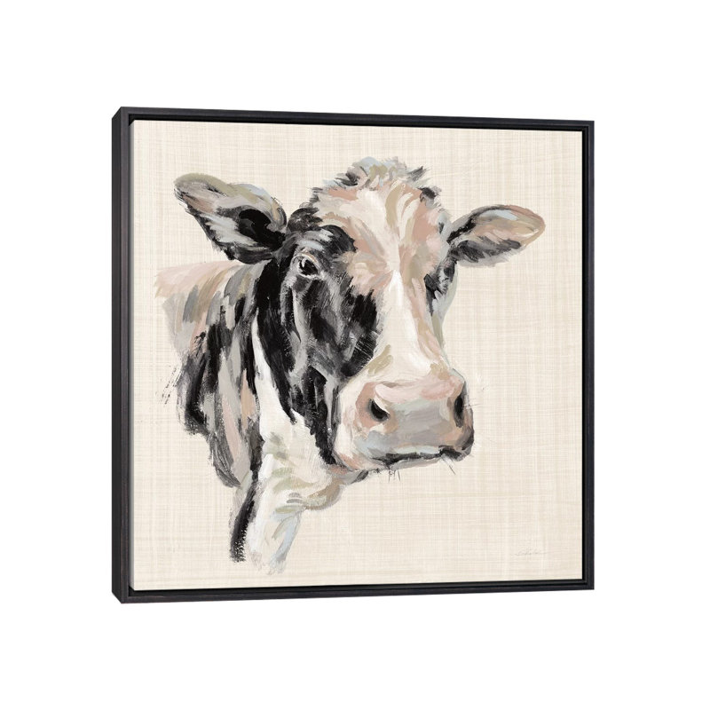 «Expressionistic Cow I Neutral Linen» par Silvia Vassileva - impression d'art graphique, Pas de tapis