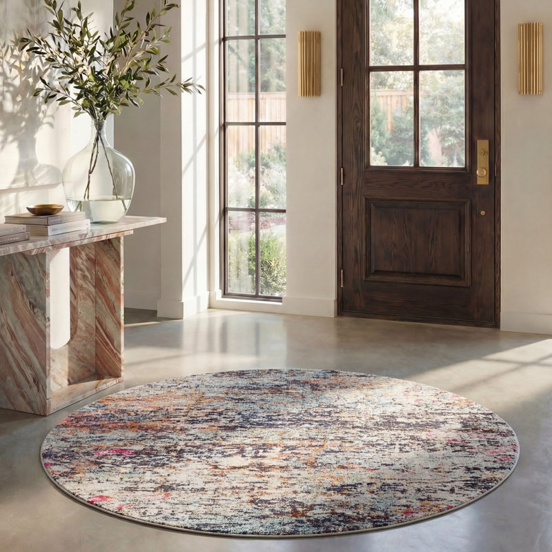Felty Abstract Machine Made Power Loom Polypropylene Area Rug in Black/Gold, Round 6'7"