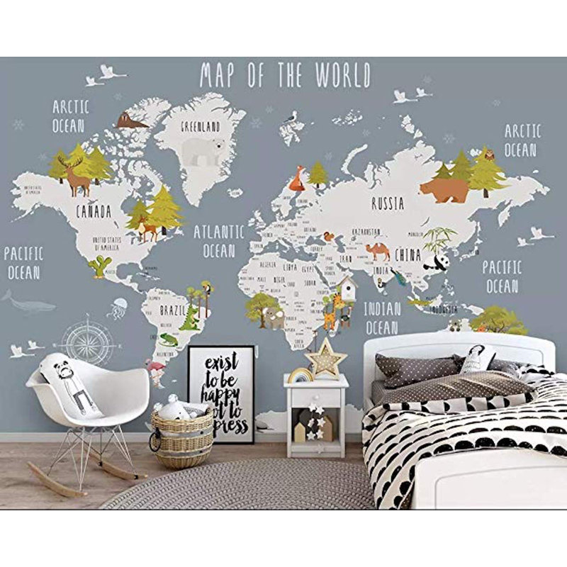 Adhésif mural carte du monde et animaux Alysen, L 75 po x L 49 po, Gris foncé