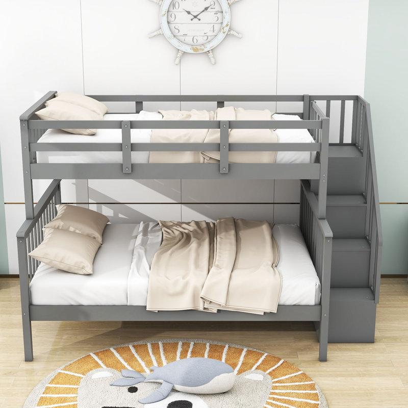 Lit superposé simple au-dessus de double avec 3 tablettes Rasime, gris