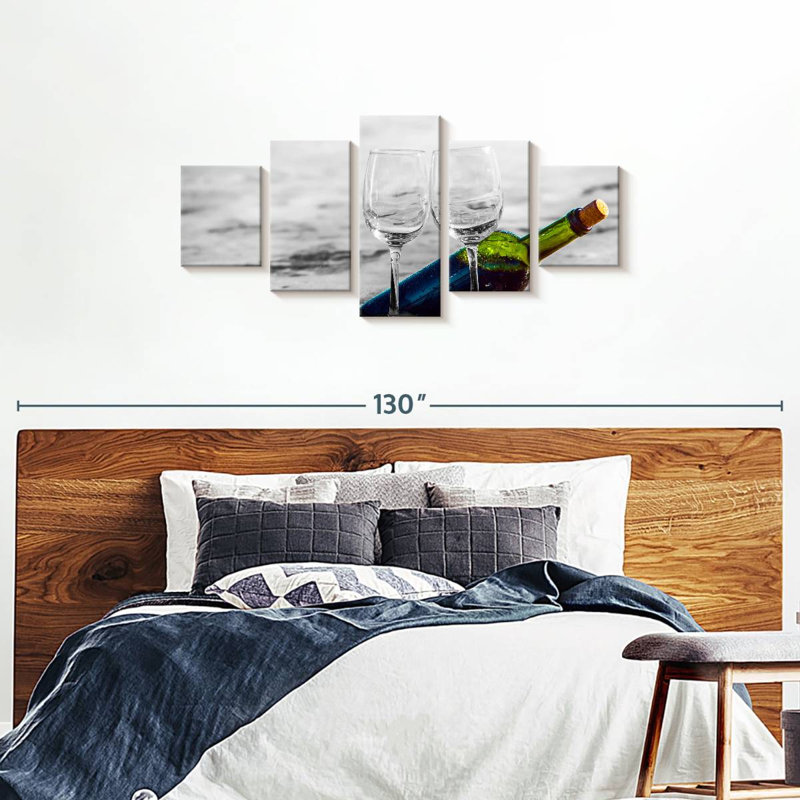 Ensemble de 5 pièces «Wine And Alco Wine By The Beach On Canvas», H 34 po x l 74 po