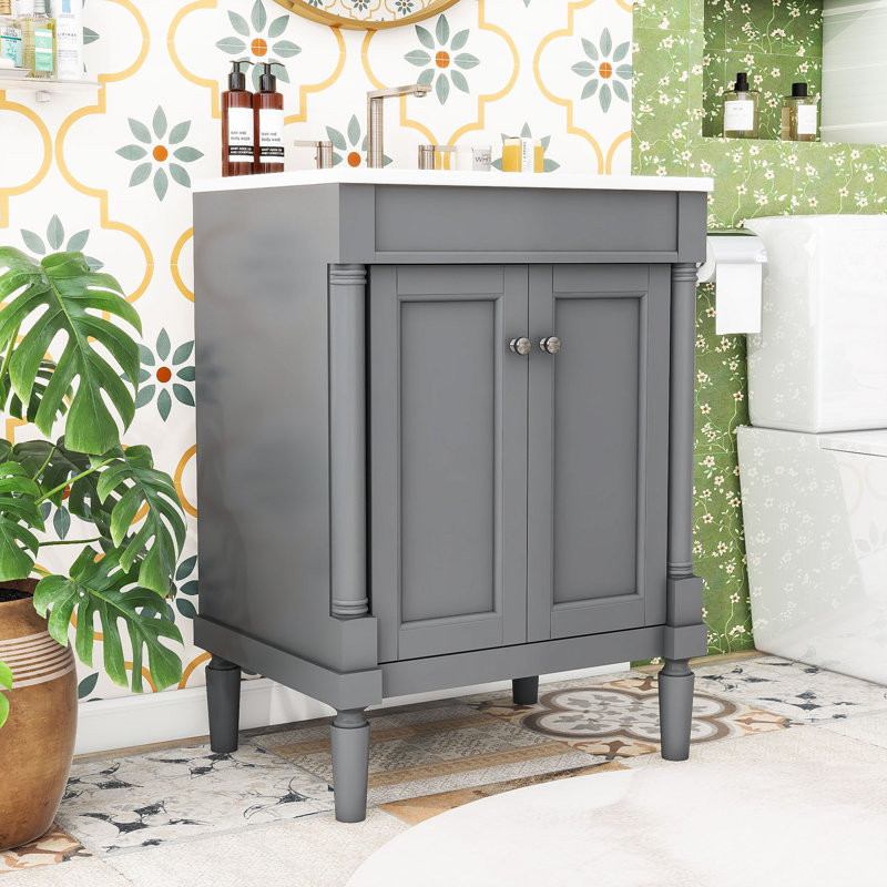 Meuble-lavabo simple 24 po avec plateau en céramique Sunde, Gris