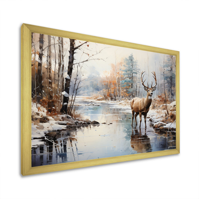 Cerf hiver sérénade - art mural grand cerf, H 12 po x l 20 po x P 1 po, Cadre doré simple