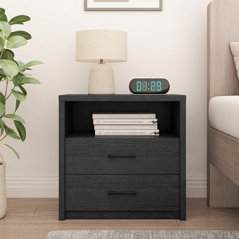 31.5" Wood Nightstand with Drawer & Shelf - Modern Bedside End Table, Black