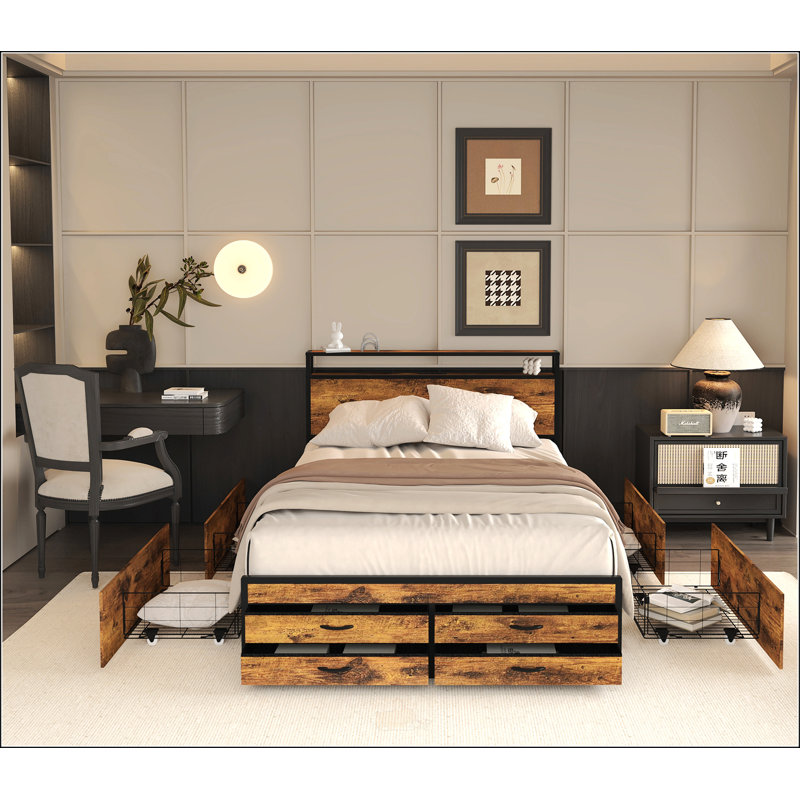 Structure de lit double avec 8 tiroirs de rangement, Double
