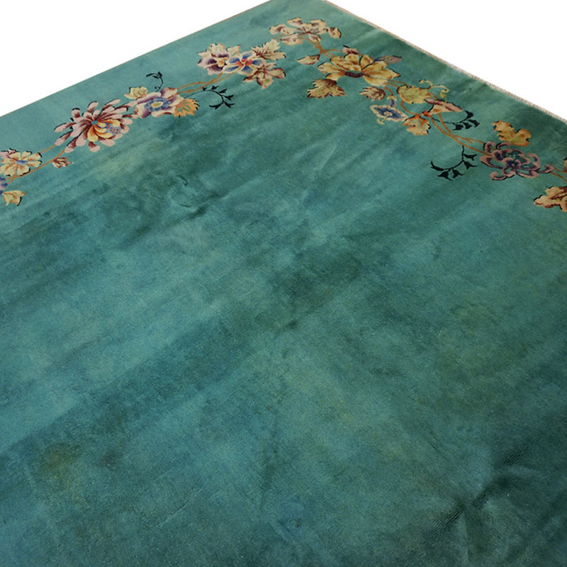 Minimalist Open Solid Turquoise Color Field Antique Room Size Floral Chinese Art Deco Rug
