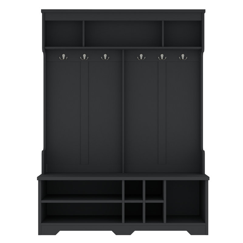 Modern Hallway Hall Tree With Metal Hooks And Storage Space, Multi-functional Entryway Coat Rack With Shoe Cubbies, Black