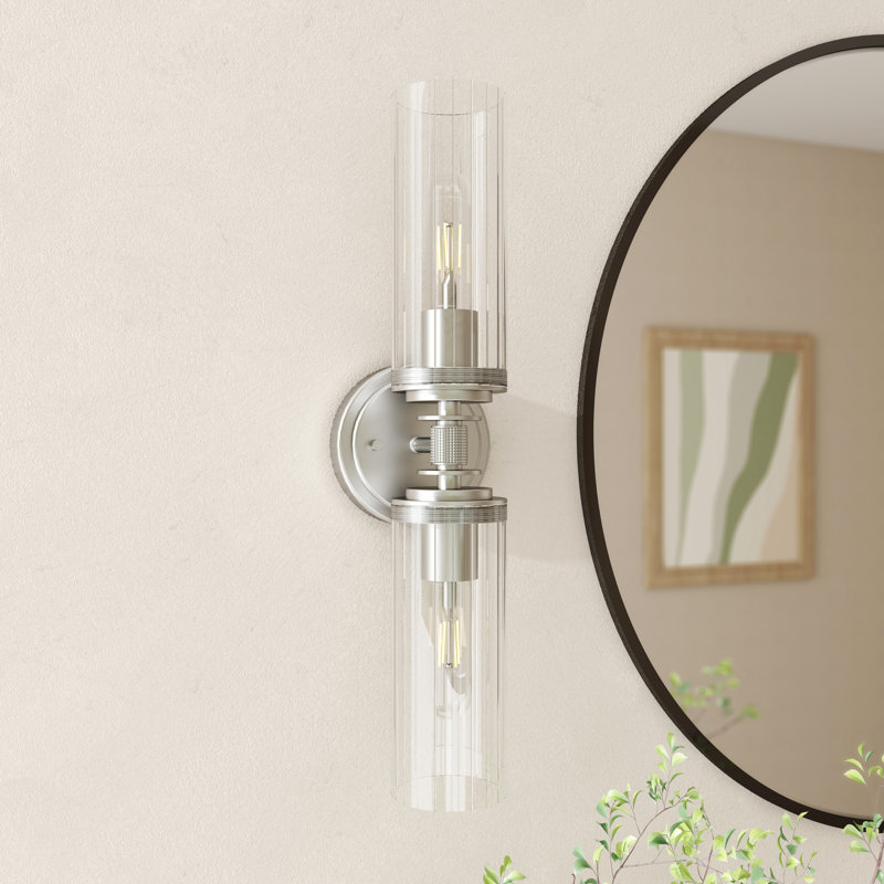 Ophilia 19 in. 2-Light Farmhouse Dimmable Wall Sconce in Brushed Nickel with Clear Striped Glass Shade, Brushed Nickel