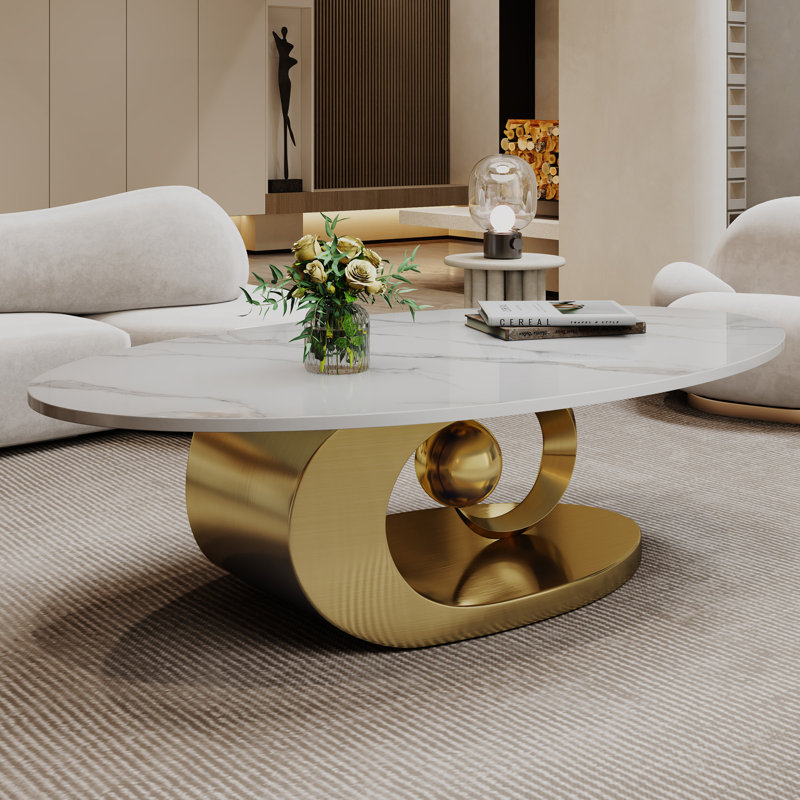 Table basse en marbre avec base sculpturale en acier inoxydable (table basse uniquement, sans chaises), Doré