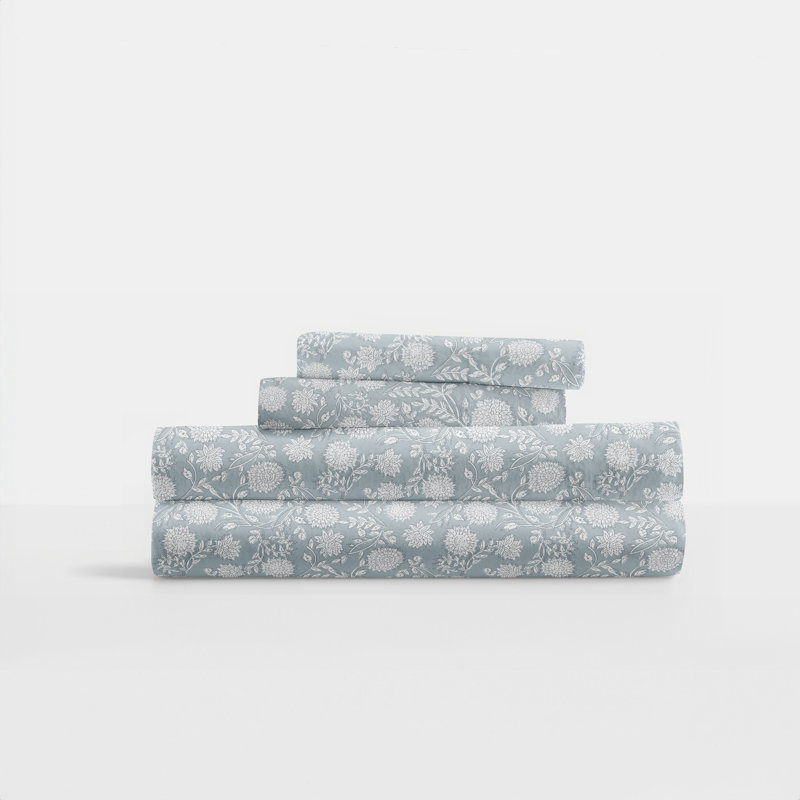 King Size Blue Cotton Floral Deep Pocket Sheet Set