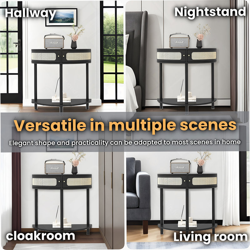 Unique Half Moon Design End Table with Sliding Rattan Door,Elegant Semi-circle Entryway