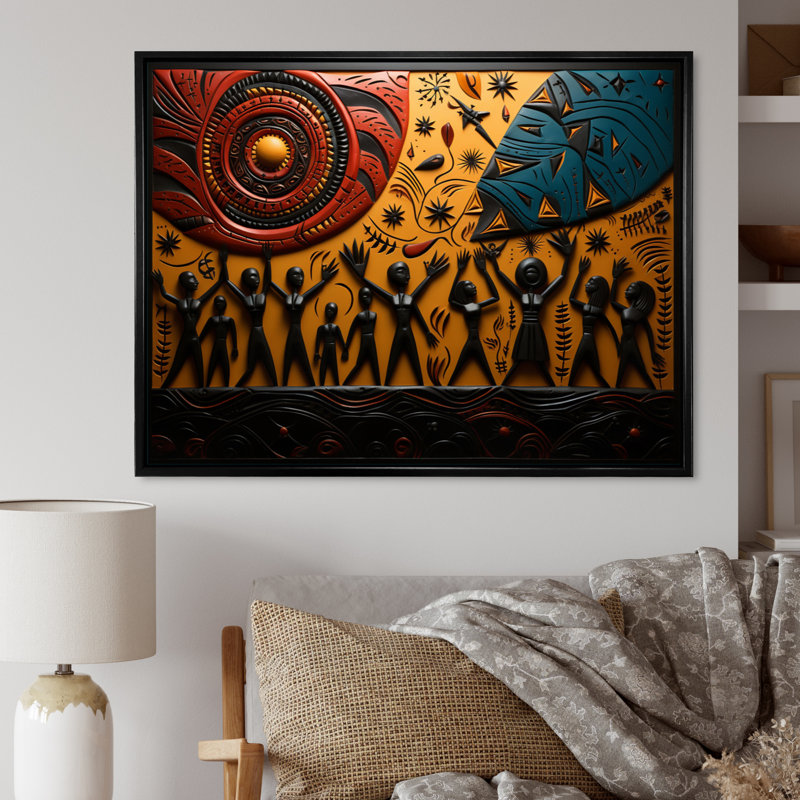 Khobi Tribal africain Rhythms IX - art tribal africain sur toile, H 12 po x l 20 po x P 1 po, Cadre flottant noir