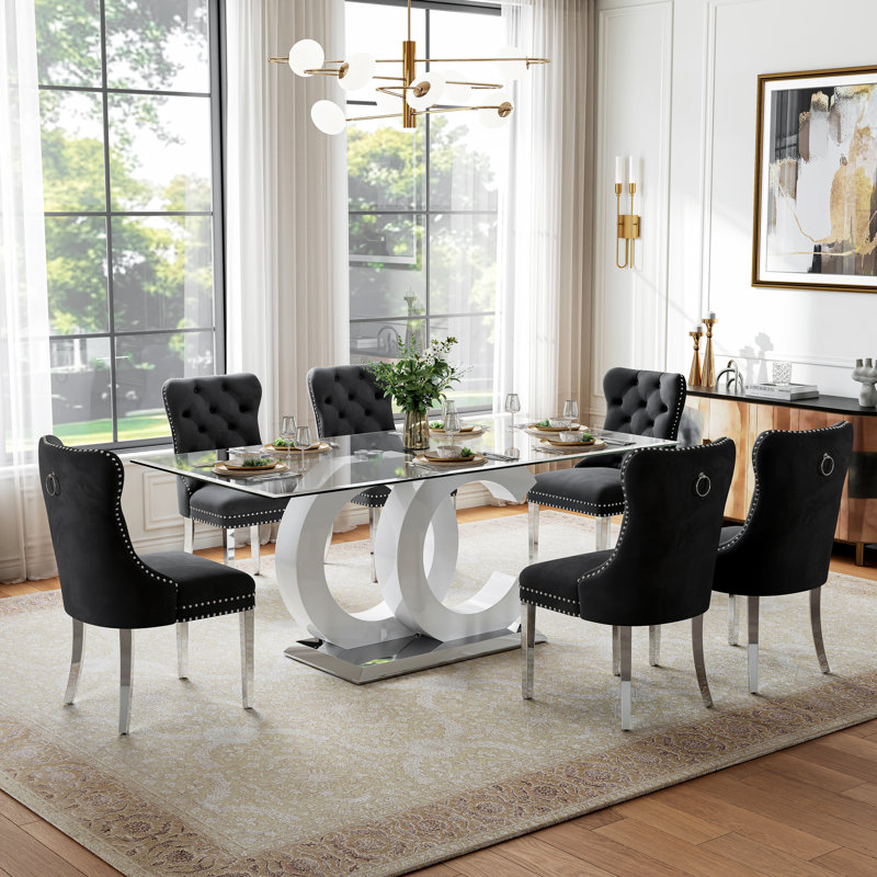 5-Piece Glass Dining Table Set, 70" Rectangular Tempered Glass Table with OC-Shaped Base and 4 Tufted Velvet Dining Chairs, Elegant Modern Style