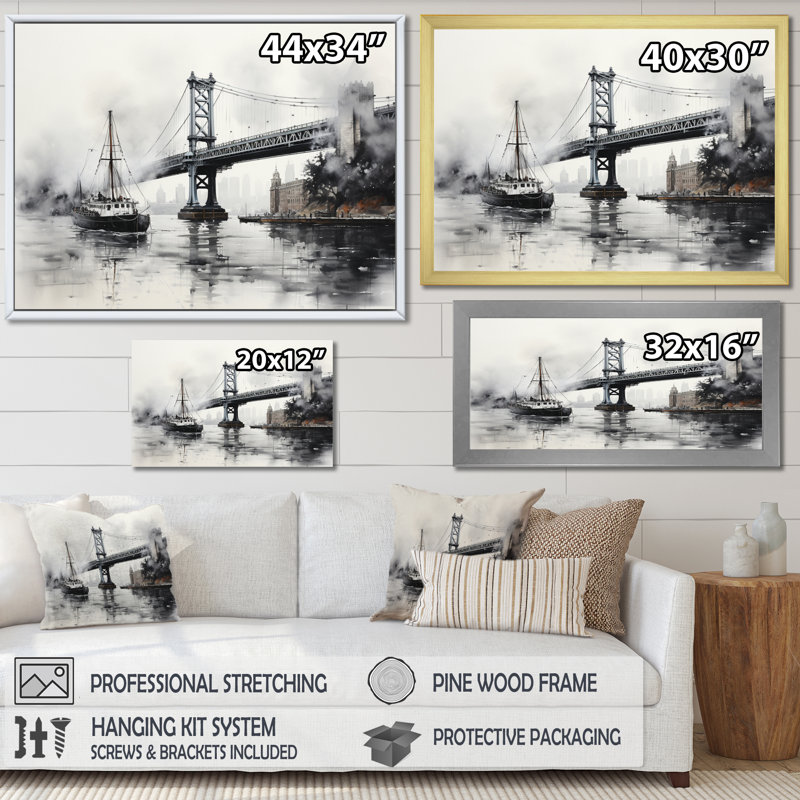 " Grey Bridge Urban Suspension III ", Wrapped Canvas, 12" H x 20" W x 1" D