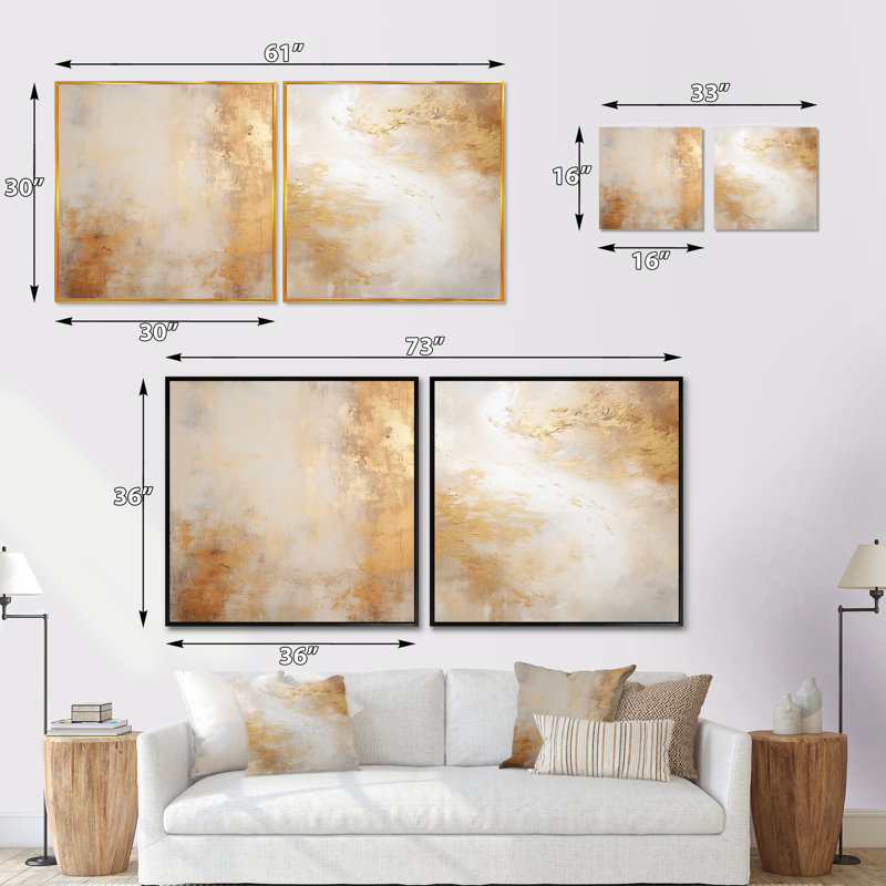Minimalisme beige et or - tempêtes III - ensemble de 2 collages abstraits carrés, Cadre flottant doré, H 36 po x l 73 po