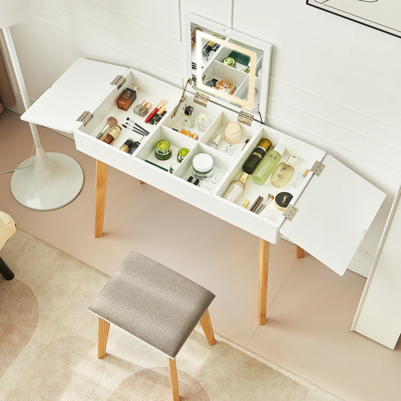Juanis Makeup Vanity Desk With Mirror and Tri-Temperature Light Small Vanity Table for Bedroom, White/Natural