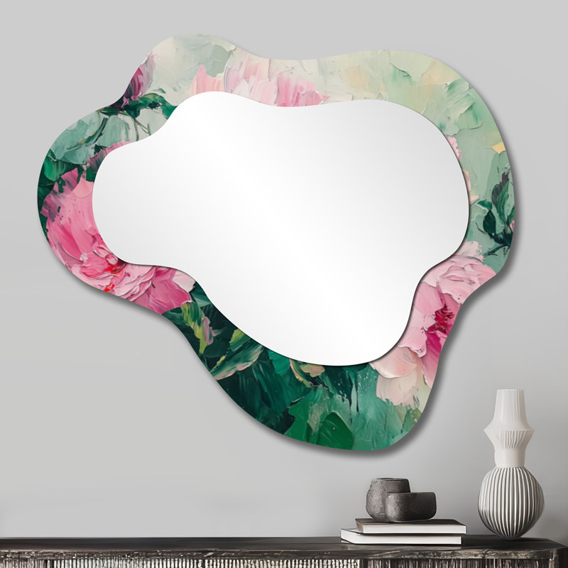 «Green Petal Harmony Of Peony Dance» - miroir décoratif asymétrique pivoines, miroir mural irrégulier traditionnel, imprimé sur métal