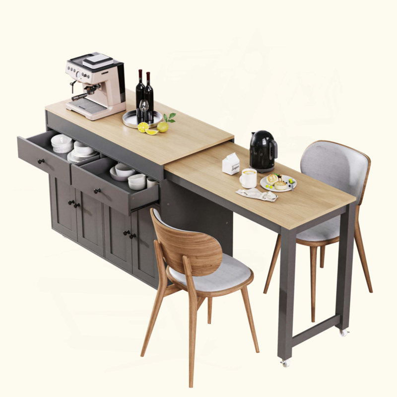 Îlot de cuisine avec table de salle à manger extensible, îlot de cuisine sur roulettes avec support à épices et 2 tiroirs, armoire à 4 portes, pour la cuisine, la salle à manger