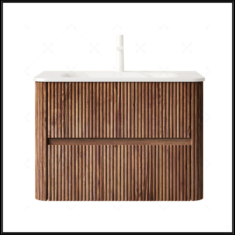 Meuble-lavabo mural flottant avec lavabo blanc Carrara et 2 tiroirs, grain de bois rétro, pré-assemblé, 30"