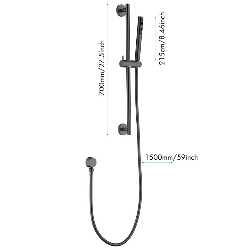 Douche à main en acier inoxydable avec barre coulissante réglable et long tuyau d'aspect noir mat de 59 pouces